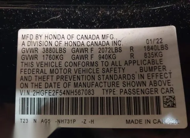 2HGFE2F54NH567083 2022 2022 Honda Civic- Sport 9