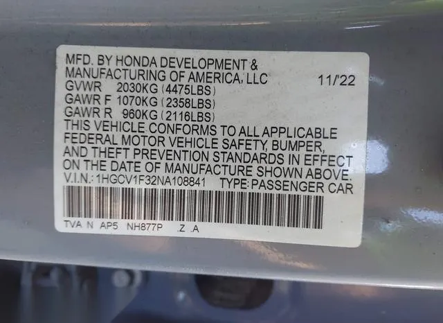 1HGCV1F32NA108841 2022 2022 Honda Accord- Sport 9