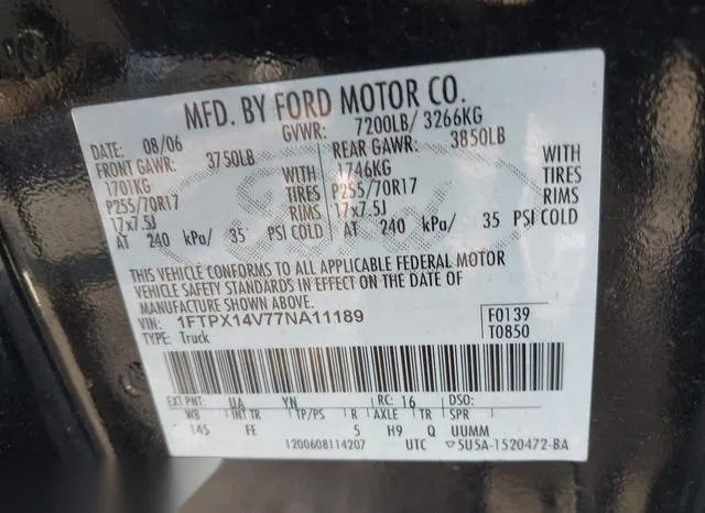 1FTPX14V77NA11189 2007 2007 Ford F-150- Fx4/Lariat/Xl/Xlt 9