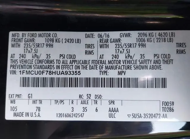 1FMCU0F78HUA93355 2017 2017 Ford Escape- S 9