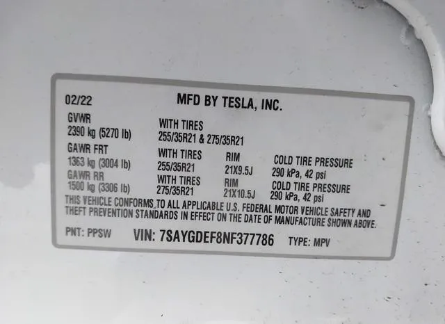 7SAYGDEF8NF377786 2022 2022 Tesla Model Y- Performance Dual 9