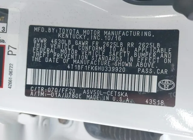 4T1BF1FK6HU339920 2017 2017 Toyota Camry- SE 9