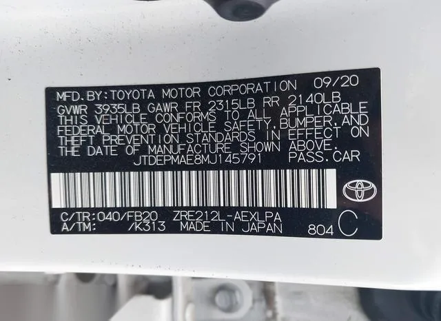 JTDEPMAE8MJ145791 2021 2021 Toyota Corolla- LE 9