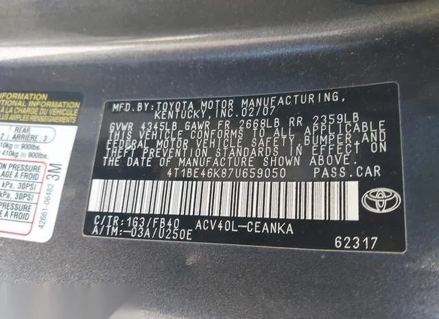 4T1BE46K87U659050 2007 2007 Toyota Camry- LE 9