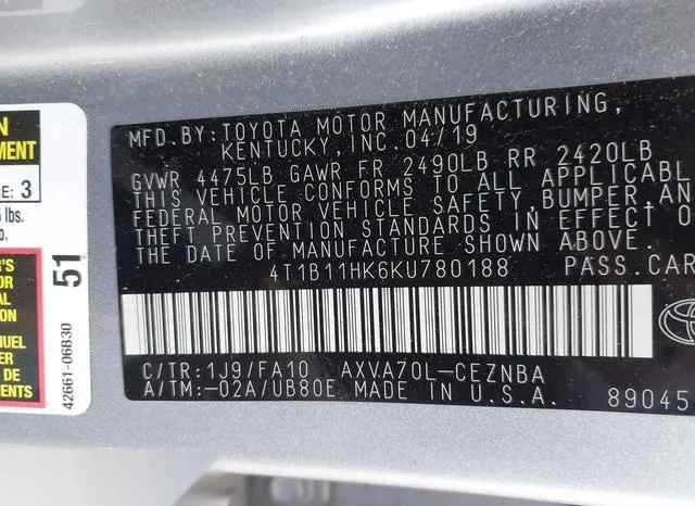 4T1B11HK6KU780188 2019 2019 Toyota Camry- LE 9