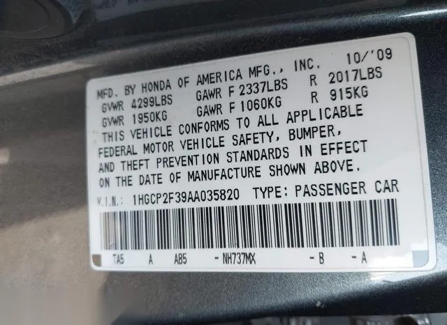 1HGCP2F39AA035820 2010 2010 Honda Accord- 2-4 LX 9