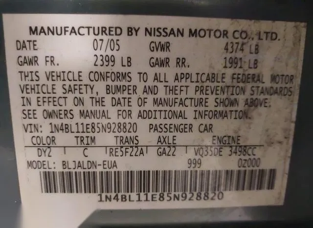 1N4BL11E85N928820 2005 2005 Nissan Altima- 3-5 SL 9