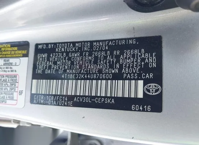 4T1BE32K44U870600 2004 2004 Toyota Camry- SE 9