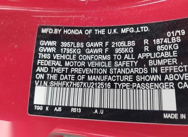 SHHFK7H67KU212516 2019 2019 Honda Civic- EX 9