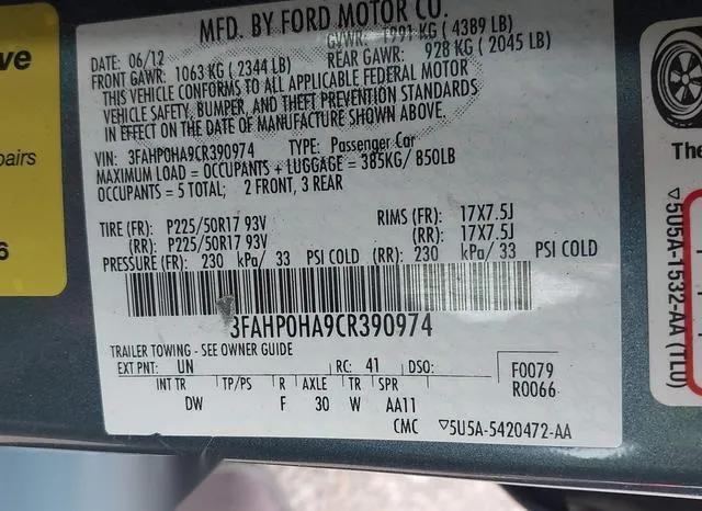 3FAHP0HA9CR390974 2012 2012 Ford Fusion- SE 9