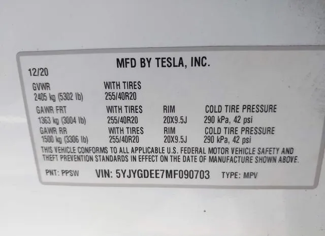 5YJYGDEE7MF090703 2021 2021 Tesla Model Y- Long Range Dual 9