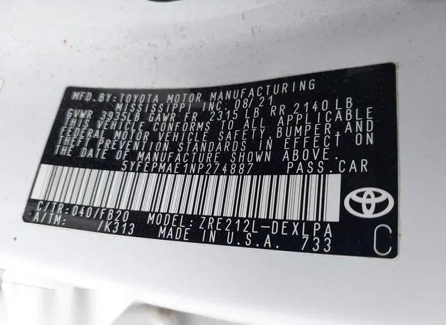 5YFEPMAE1NP274887 2022 2022 Toyota Corolla- LE 9