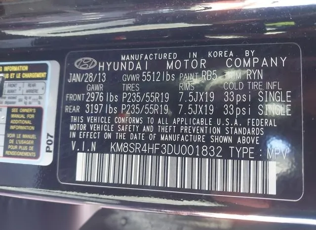 KM8SR4HF3DU001832 2013 2013 Hyundai Santa Fe- Limited 9