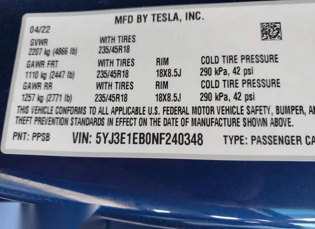 5YJ3E1EB0NF240348 2022 2022 Tesla Model 3- Long Range Dual 9