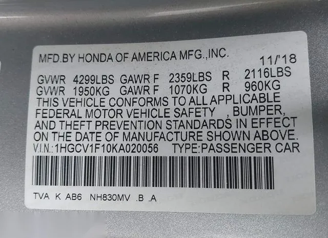 1HGCV1F10KA020056 2019 2019 Honda Accord- LX 9