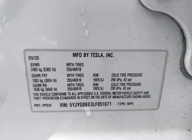 5YJYGDEE3LF051671 2020 2020 Tesla Model Y- Long Range Dual 9