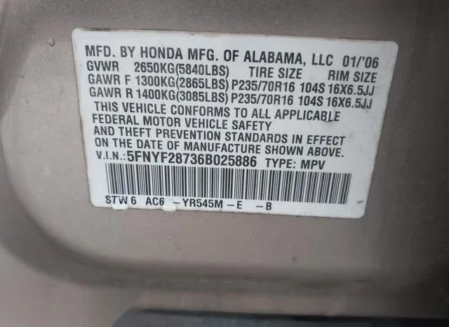 5FNYF28736B025886 2006 2006 Honda Pilot- EX 9