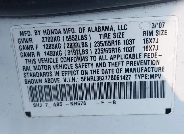 5FNRL38277B061427 2007 2007 Honda Odyssey- LX 9