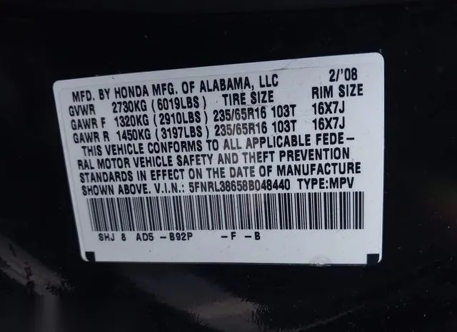 5FNRL38658B048440 2008 2008 Honda Odyssey- Ex-L 9