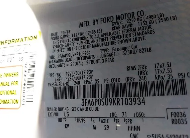 3FA6P0SU9KR103934 2019 2019 Ford Fusion- Energi Titanium 9