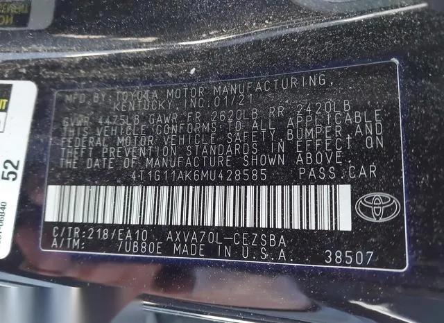 4T1G11AK6MU428585 2021 2021 Toyota Camry- SE 9