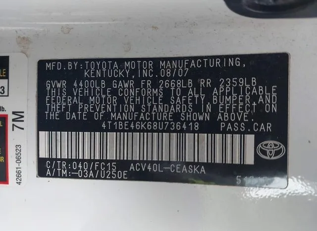 4T1BE46K68U736418 2008 2008 Toyota Camry- SE 9