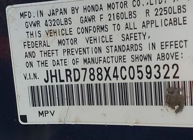 JHLRD788X4C059322 2004 2004 Honda CR-V- EX 9