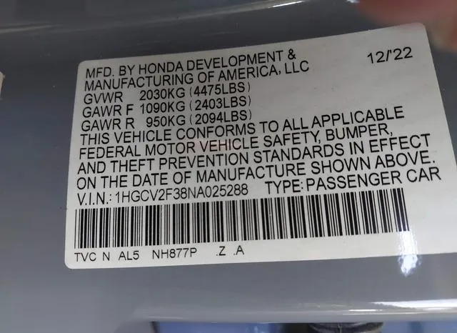 1HGCV2F38NA025288 2022 2022 Honda Accord- Sport 2-0T 9