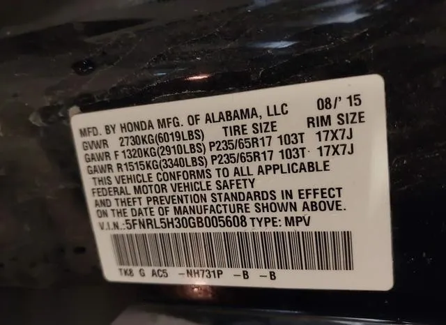 5FNRL5H30GB005608 2016 2016 Honda Odyssey- SE 9