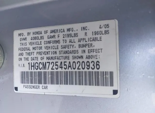 1HGCM72545A020936 2005 2005 Honda Accord- 2-4 Lx Special Ed 9