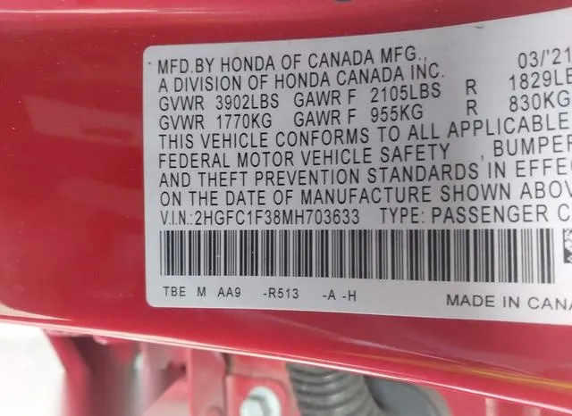 2HGFC1F38MH703633 2021 2021 Honda Civic- EX 9