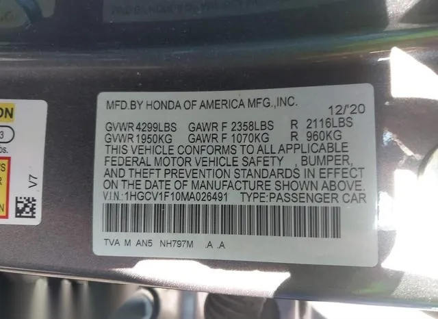 1HGCV1F10MA026491 2021 2021 Honda Accord- LX 9