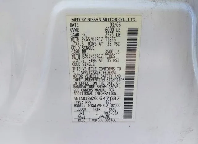 5N1AR18W26C647687 2006 2006 Nissan Pathfinder- Le/Se/Xe 9