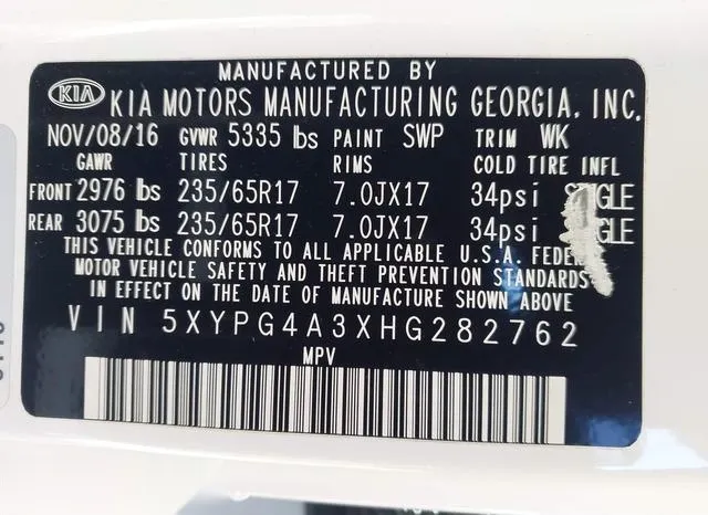 5XYPG4A3XHG282762 2017 2017 KIA Sorento- 2-4L Lx 9