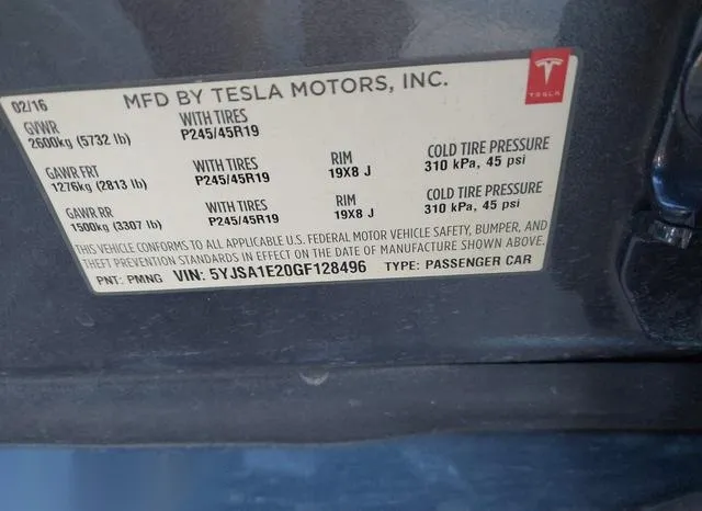 5YJSA1E20GF128496 2016 2016 Tesla Model S- 60D/70D/75D/85D/90D 9