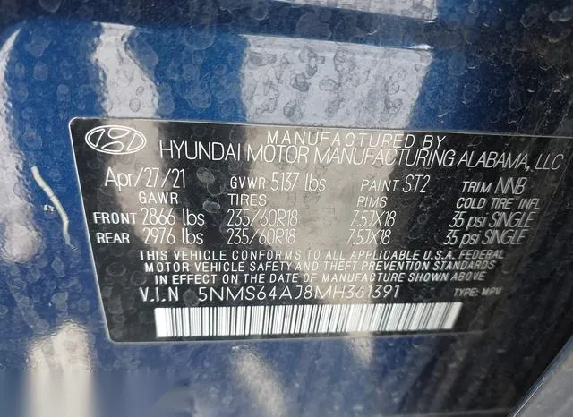 5NMS64AJ8MH361391 2021 2021 Hyundai Santa Fe- Sel 9