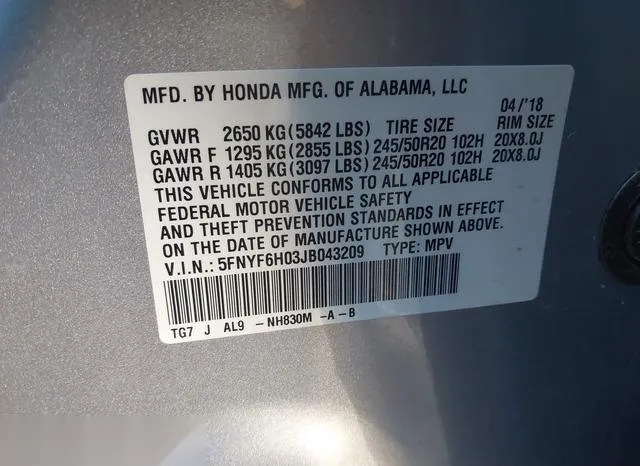 5FNYF6H03JB043209 2018 2018 Honda Pilot- Elite 9