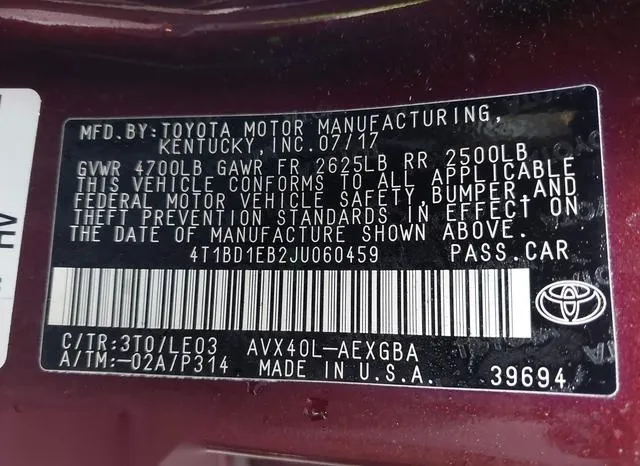 4T1BD1EB2JU060459 2018 2018 Toyota Avalon- Hybrid Xle Premium 9