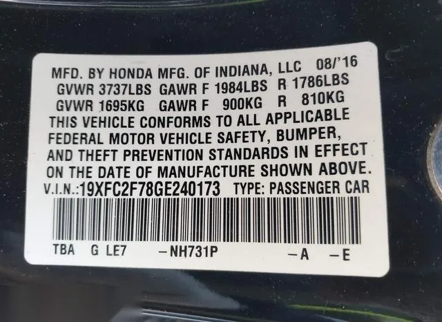 19XFC2F78GE240173 2016 2016 Honda Civic- EX 9