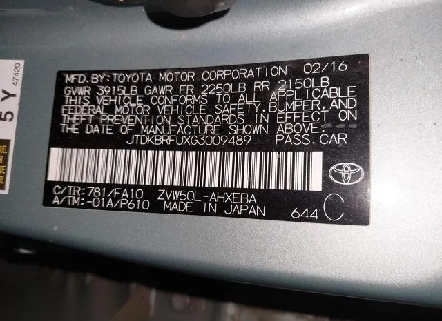 JTDKBRFUXG3009489 2016 2016 Toyota Prius- Two 9