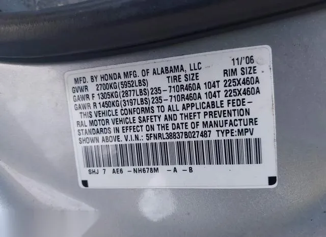 5FNRL38837B027487 2007 2007 Honda Odyssey- Touring 9