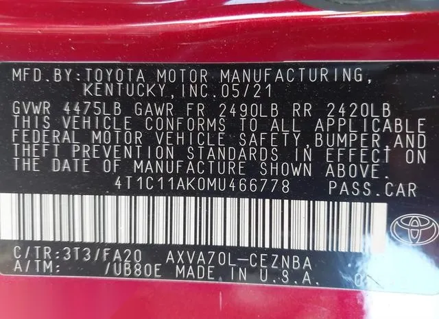 4T1C11AK0MU466778 2021 2021 Toyota Camry- LE 9