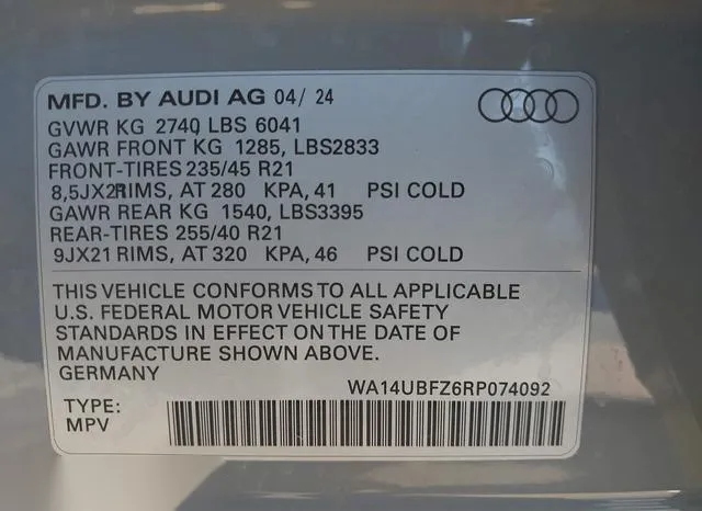 WA14UBFZ6RP074092 2024 2024 Audi Q4 Sportback E-Tron- Prest 9