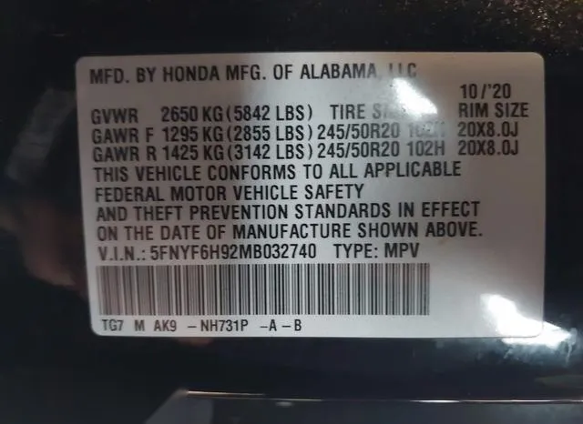 5FNYF6H92MB032740 2021 2021 Honda Pilot- Awd Touring 8 Pass 9