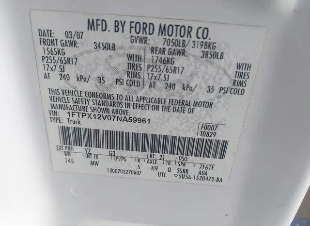 1FTPX12V07NA59961 2007 2007 Ford F-150- Lariat/Stx/Xl/Xlt 9