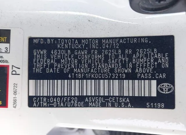 4T1BF1FK0CU573219 2012 2012 Toyota Camry- SE 9