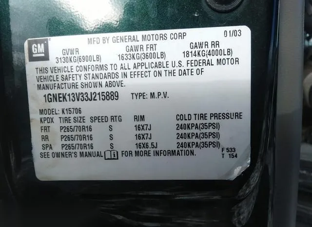 1GNEK13V33J215889 2003 2003 Chevrolet Tahoe- LS 9