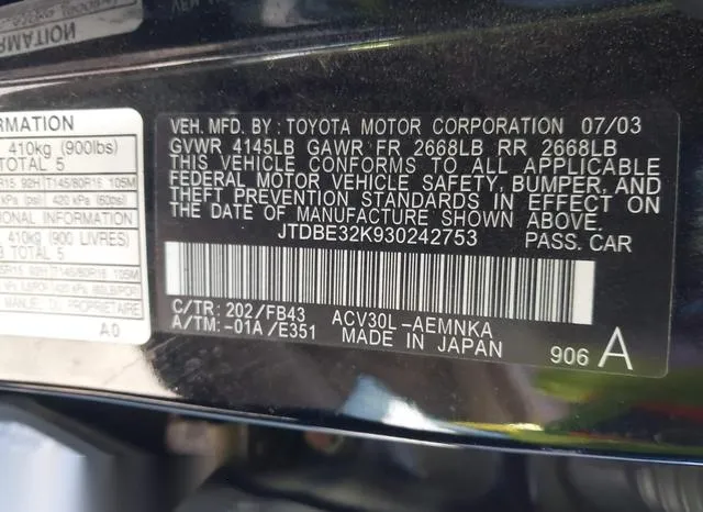 JTDBE32K930242753 2003 2003 Toyota Camry- LE 9