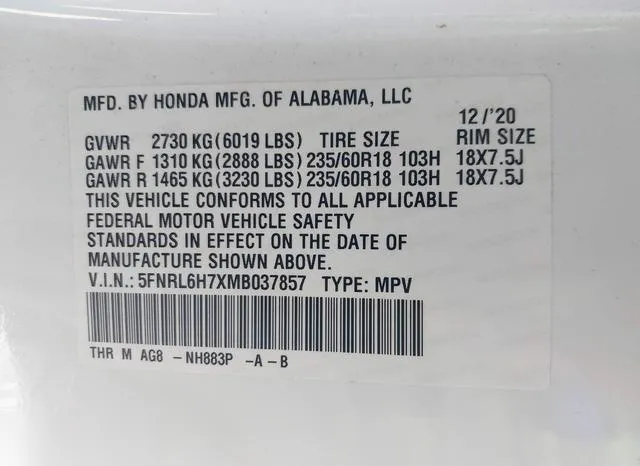 5FNRL6H7XMB037857 2021 2021 Honda Odyssey- Ex-L 9