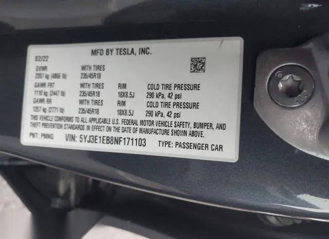 5YJ3E1EB8NF171103 2022 2022 Tesla Model 3- Long Range Dual 9